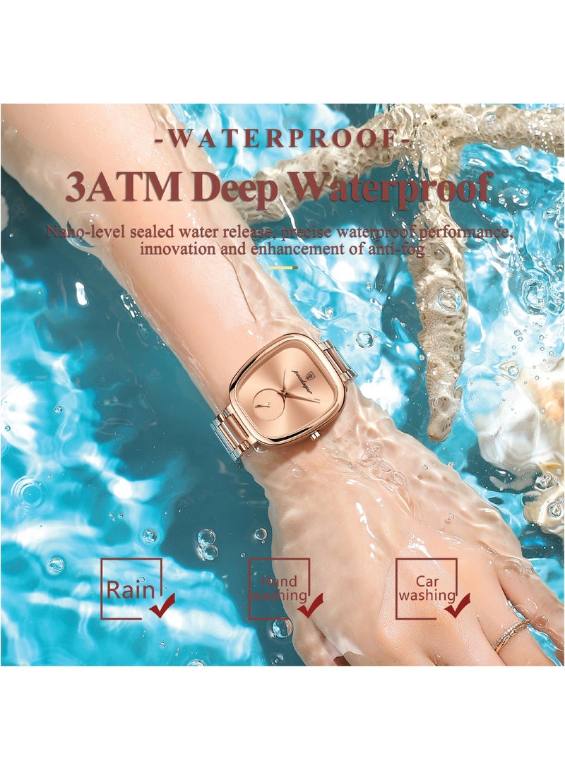 POEDAGAR ساعة كوارتز نسائية - حزام شبكي وردي ذهبي، قرص أخضر، تصميم فاخر بسيط - 783 - Image 3